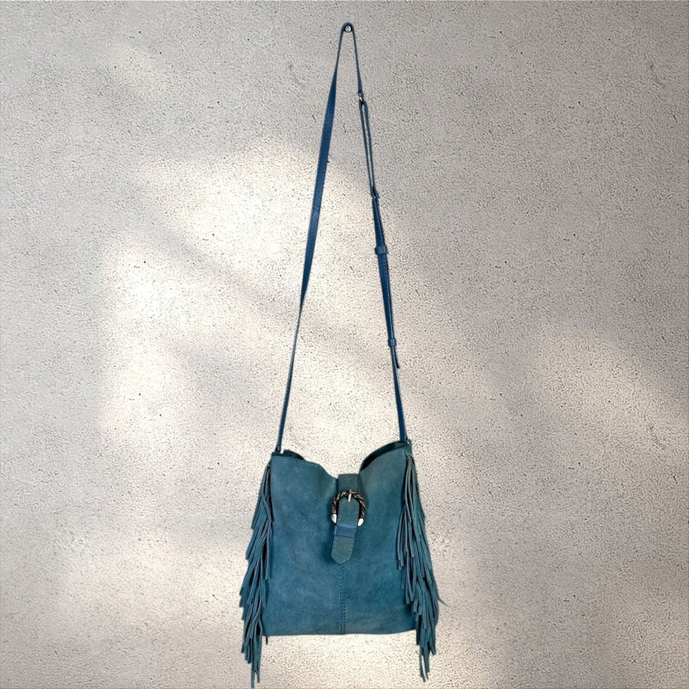 Maje Suede Leather Crossbody Bag Fringe Buckle Blue Western Cowgirl Boho